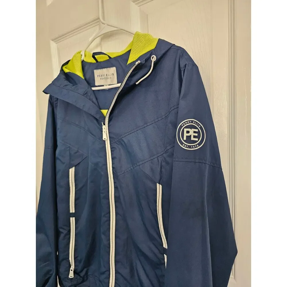Perry Ellis Portfolio Navy/Yellow Hooded Zip Up Windbreaker Jacket Size Medium